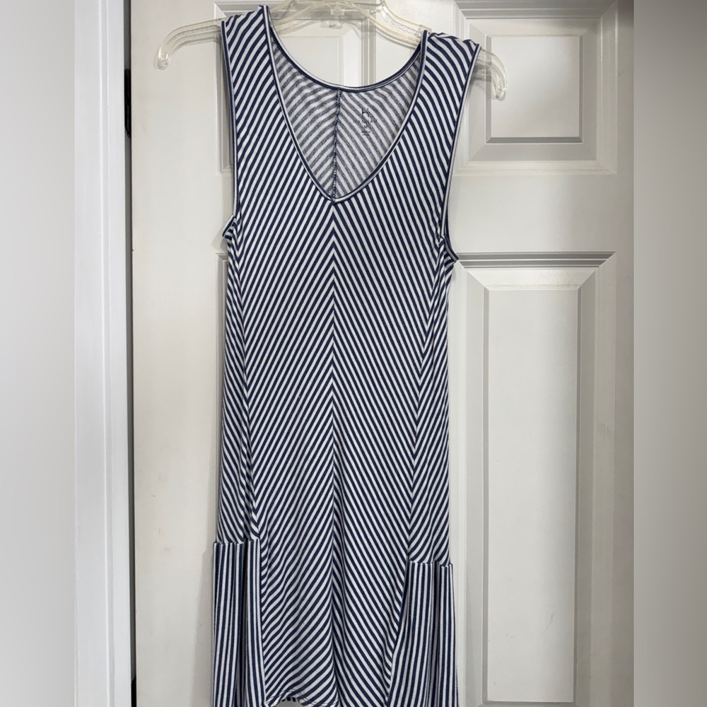Hannah Navy and White Striped V-Neck Midi Dress